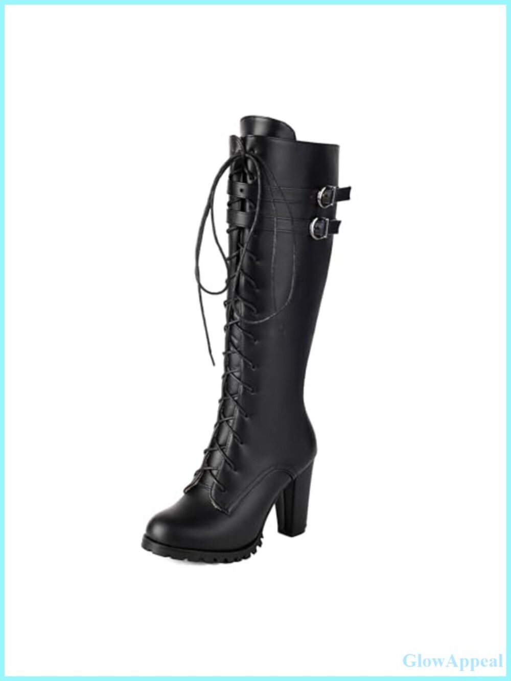 BEAUPAS Knee High PU Leather Lace Up Block Heel Combat Boots